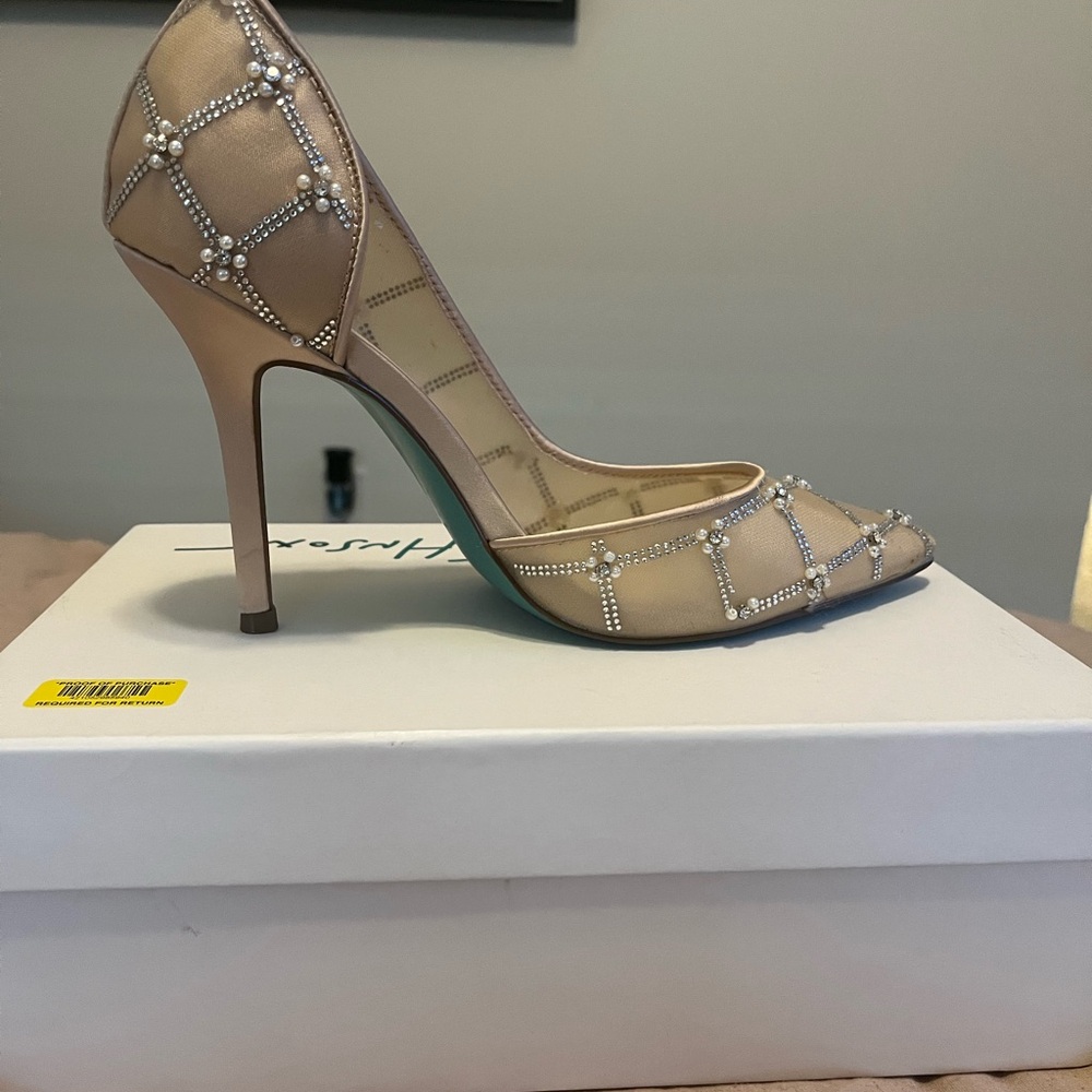 Betsey Johnson Nude Pearl Embellished Pointed Toe Stiletto Heels